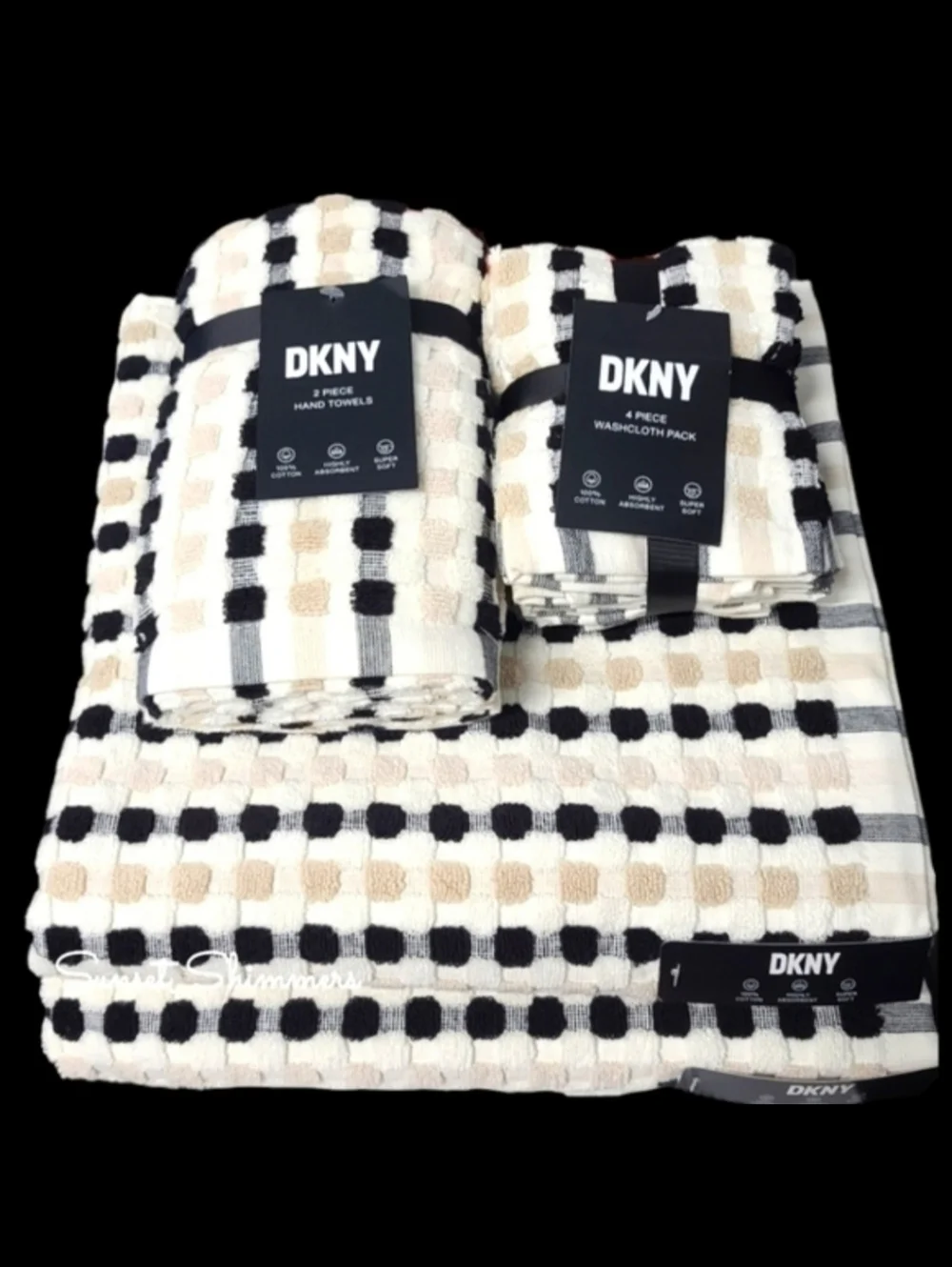 DKNY 8Pc 2 Bath 2 Hand 4 Washcloth TAN BLACK WHITE Gingham Check Towel Set NEW
